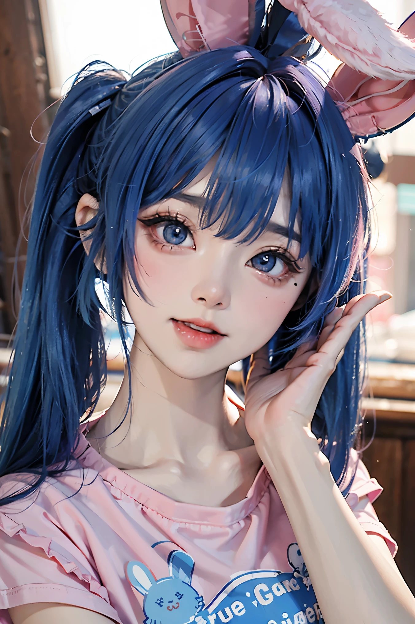 Best quality, masterpiece, photorealistic, 8k, high details, original photo, 1 18-year-old girl, close-up of upper body, blue hair, bunny ears and double ponytails, cute face, big eyes, blue glowing pupils, pale face , pink blush, pink lips, light printed T-shirt, indoor, depth of field