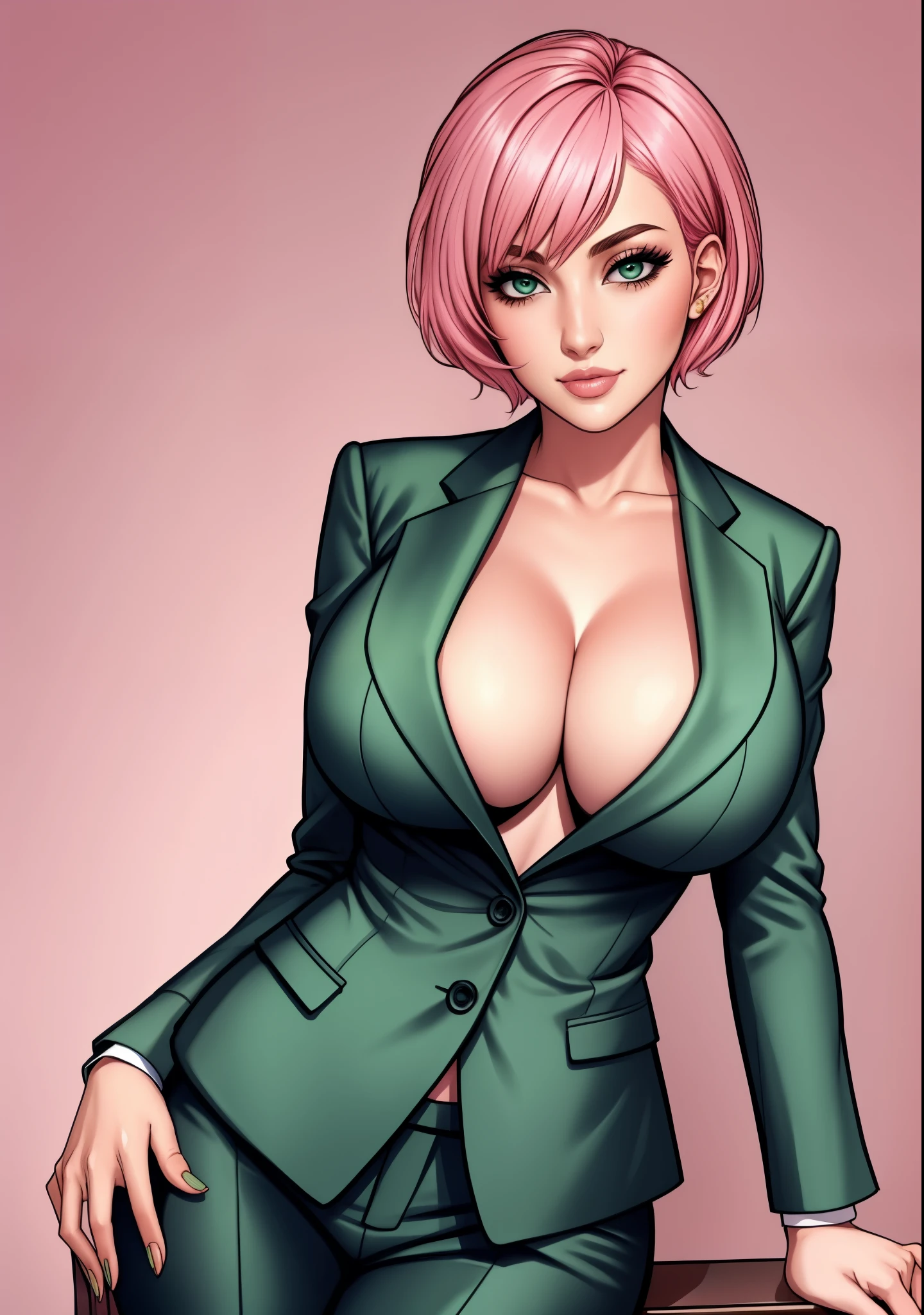 detailed woman in a suit, short pink hair, green eyes, cleavage