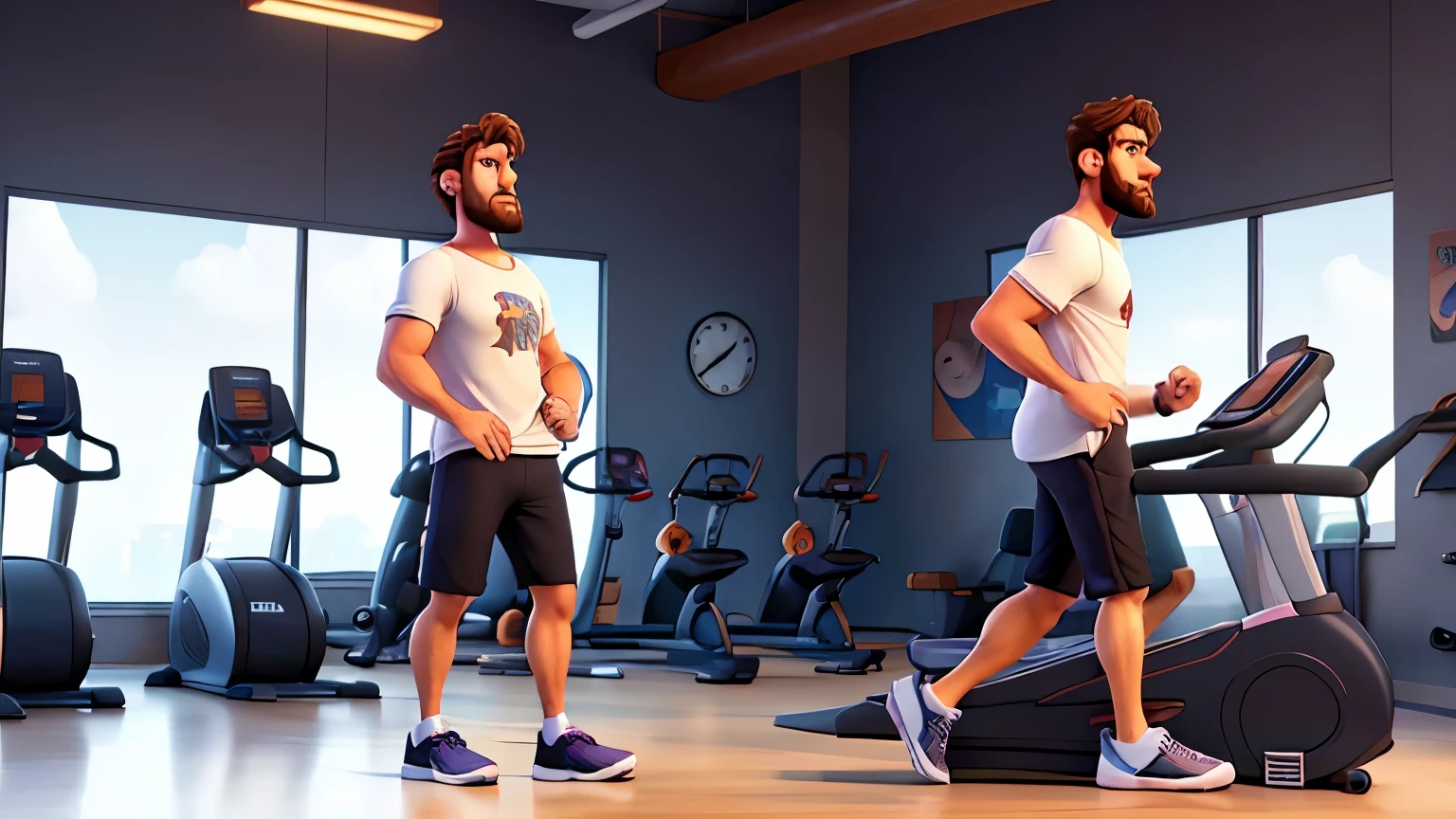 side view, Handsome man 38 years old, alone at the gym, skin fair, Patchy Beard, Messy hair, with white t-shirt, black sneakers, warming-up on the treadmill, show treadmilldisney pixar 3d style, 16K
