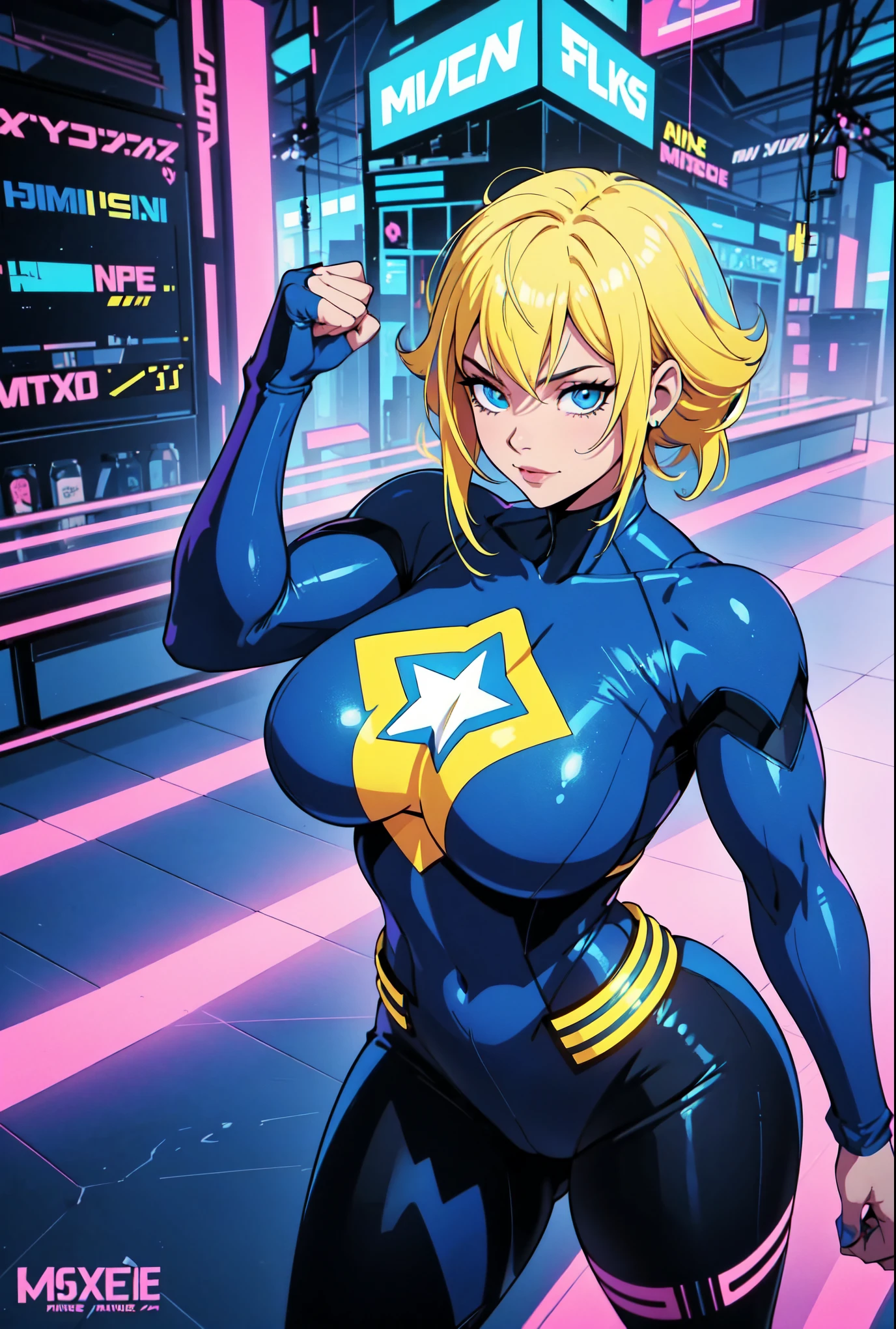 Digital painting of a young girl with royal blue and yellow hair, Superhero, Muscle Girl, Pause, Raise your fist, From above, 1 Raise your knees, Behance Contest Winner, Afrofuturism, Synthwave, neon, glowing neon, Huge saggy breasts,cute smile,