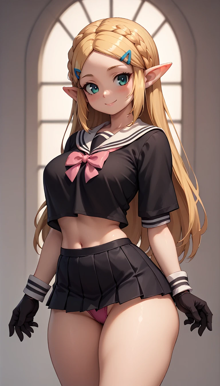 High resolution, Very detailed, perfect lighting, beautiful detailed eyes, ((masterpiece,Best Quality)), absurdities, alone, princess zelda, by the width, crown braid, Hair clip, pointy ears, Gloves without fingers, black gloves, smile, curves, nod, , deep neckline, deep neckline, black school uniform with white details,short skirt, visible underwear, pink thong, black uniform, black shirt with pink bow