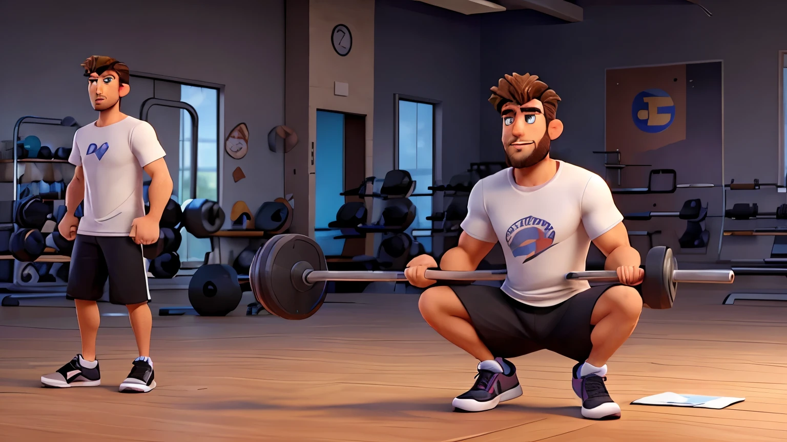side view, Handsome man 38 years old, alone at the gym, skin fair, Patchy Beard, Messy hair, with a white t-shirt, black sneakers, doing some strength training, show him alone doing some strength training, disney pixar 3d style, 16K
