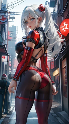 (rear view, backside view),(La Best Quality,A high resolution,Ultra - detailed,actual),Ariana Grande with white shoes and( shackles:1.3),(pantibright red tights nylon /shackles:1.4), tight red top, (full gray white hair:1.4 ) , (tokyo night alley background :1.4), More detailed 8K.unreal engine:1.4,UHD,La Best Quality:1.4, photorealistic:1.4, skin texture:1.4, masterpiece:1.8,first work, Best Quality,object object], (detailed face features:1.3),(The correct proportions),(Beautiful blue eyes),  (cowboy pose), (fingers detailed :1.4), ,( cyberpunk 2.1), (kawaii style:1.4) , (bright red tights/shackles:1.4),(Perfect anatomy), (nylon red pantyhose :1.4), (red tail lift shoes:1.4) huge round buttocks,