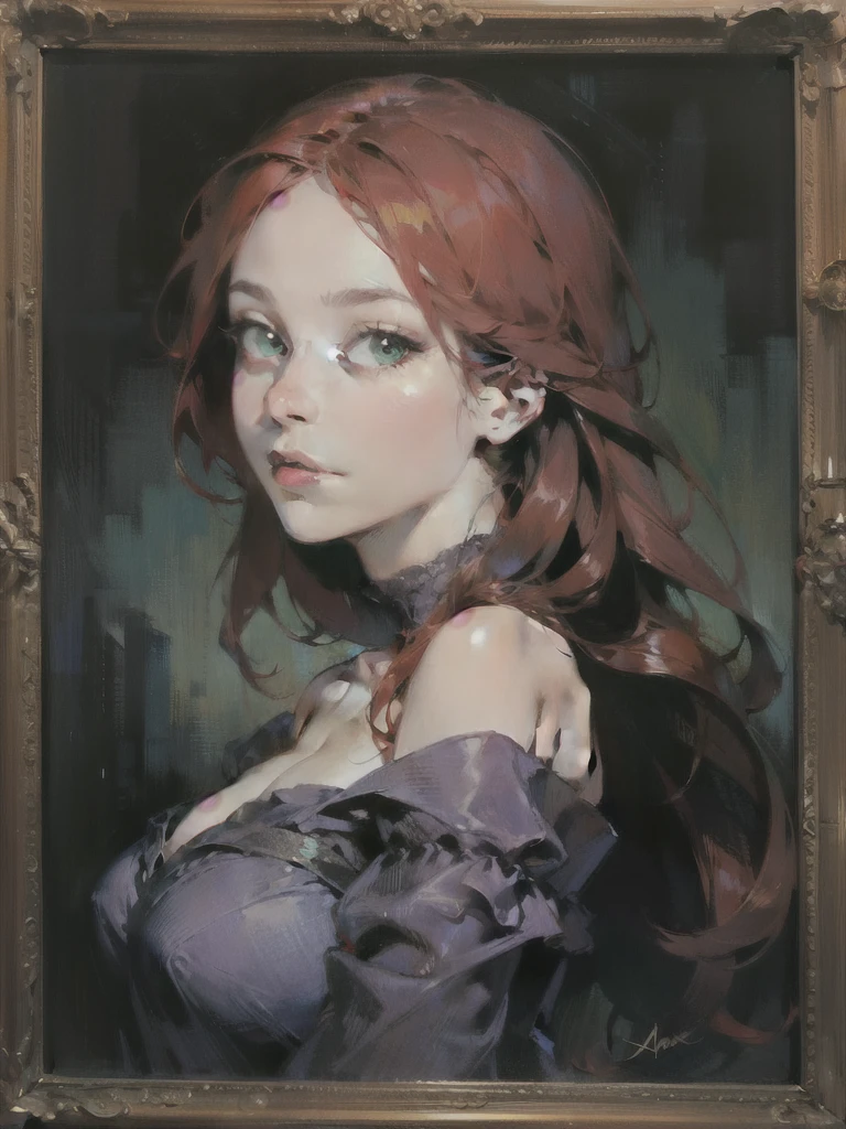 Frame the portrait, woman, bright red hair, green eyes, purple dress, shoulder length portrait