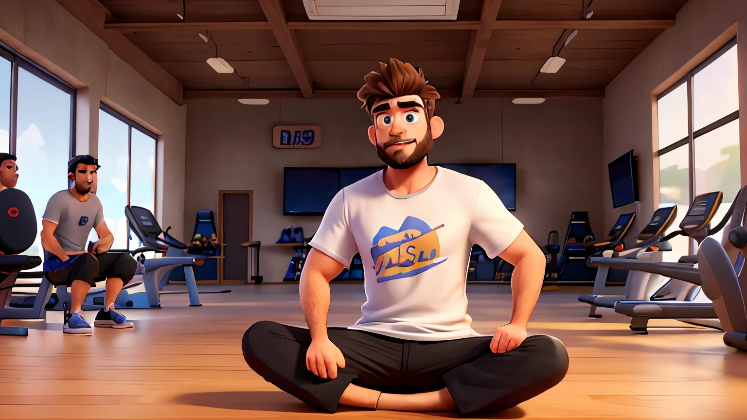 Handsome man 38 years old, alone at the gym, skin fair, Patchy Beard, Messy hair, with a white t-shirt, black sneakers, using machine, disney pixar 3d style, 16K