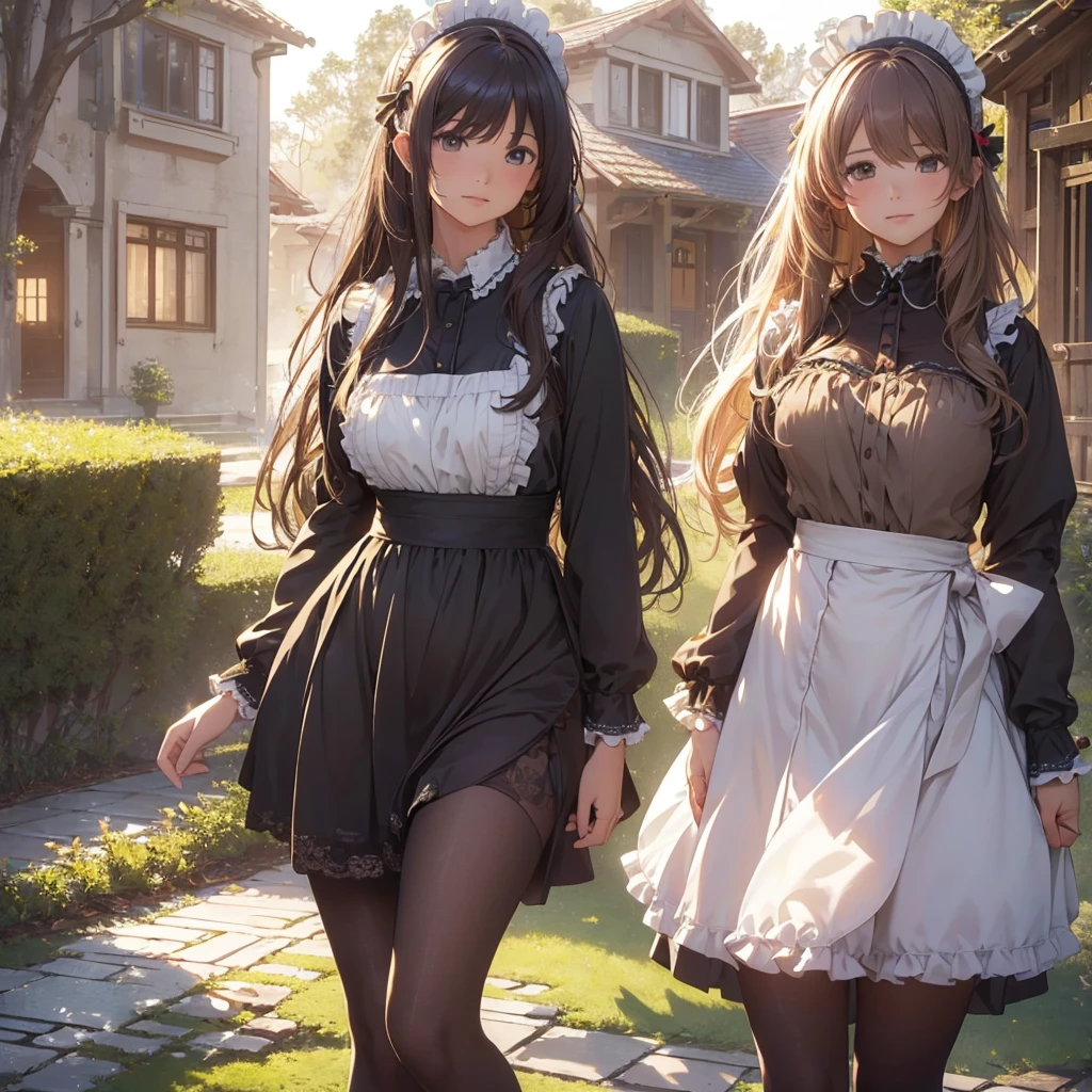 masterpieces,best quality,(ultra_detailed),3D,(realistic:1.9),(photorealistic:1.9),(light falloff at edges:1.9),shallow depth of field,sensual girl,in garden,at morning,western‐style house in the background,plump,(brown _pantyhose,)wavy long hair,built bangs,drooping eyes,wide-set eyes,lovely round eyes,looking away,round face, (maid costume),