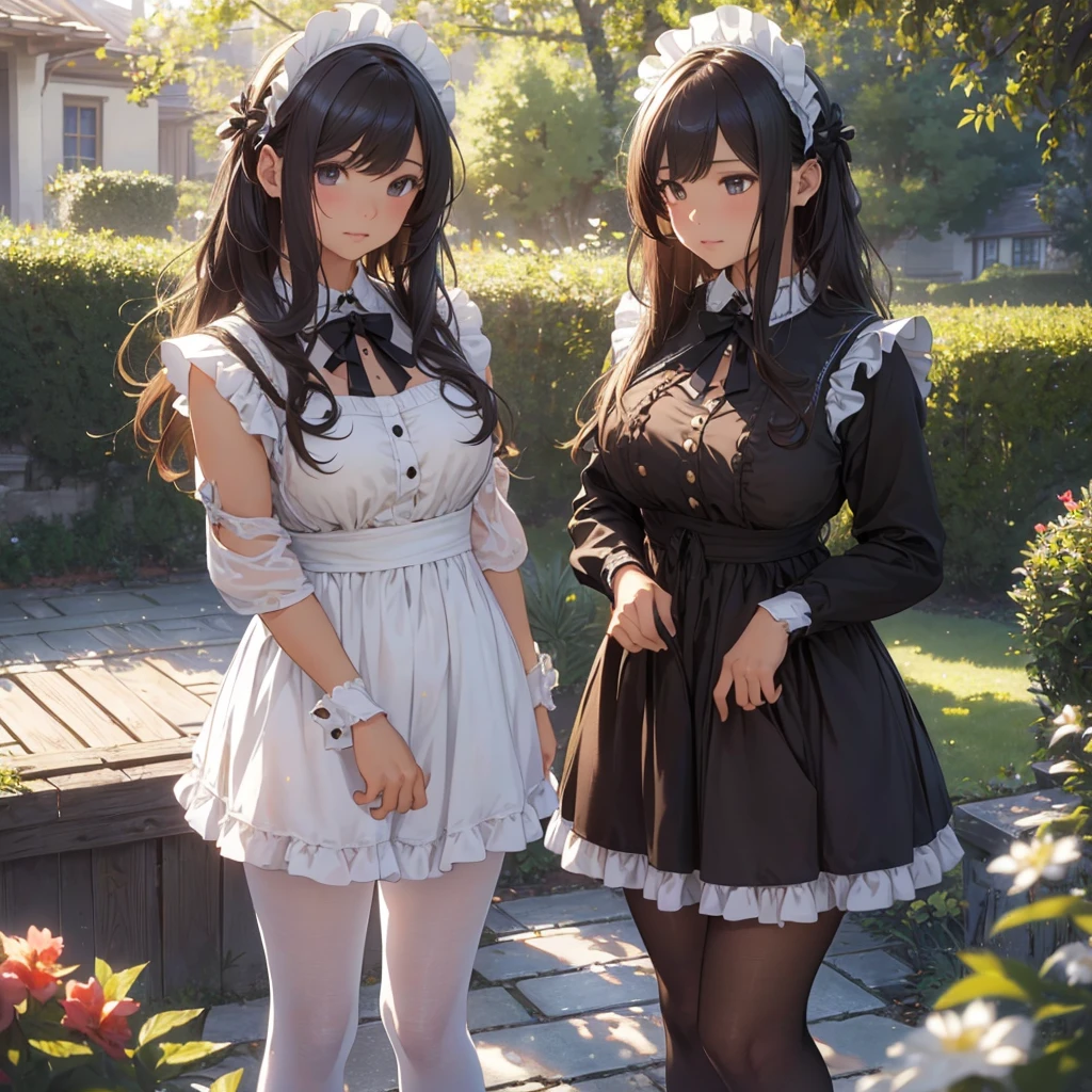 masterpieces,best quality,(ultra_detailed),3D,(realistic:1.9),(photorealistic:1.9),(light falloff at edges:1.9),shallow depth of field,sensual girl,in garden,at morning,western‐style house in the background,plump,(brown _pantyhose,)wavy long hair,built bangs,drooping eyes,wide-set eyes,lovely round eyes,looking away,round face, (maid costume),