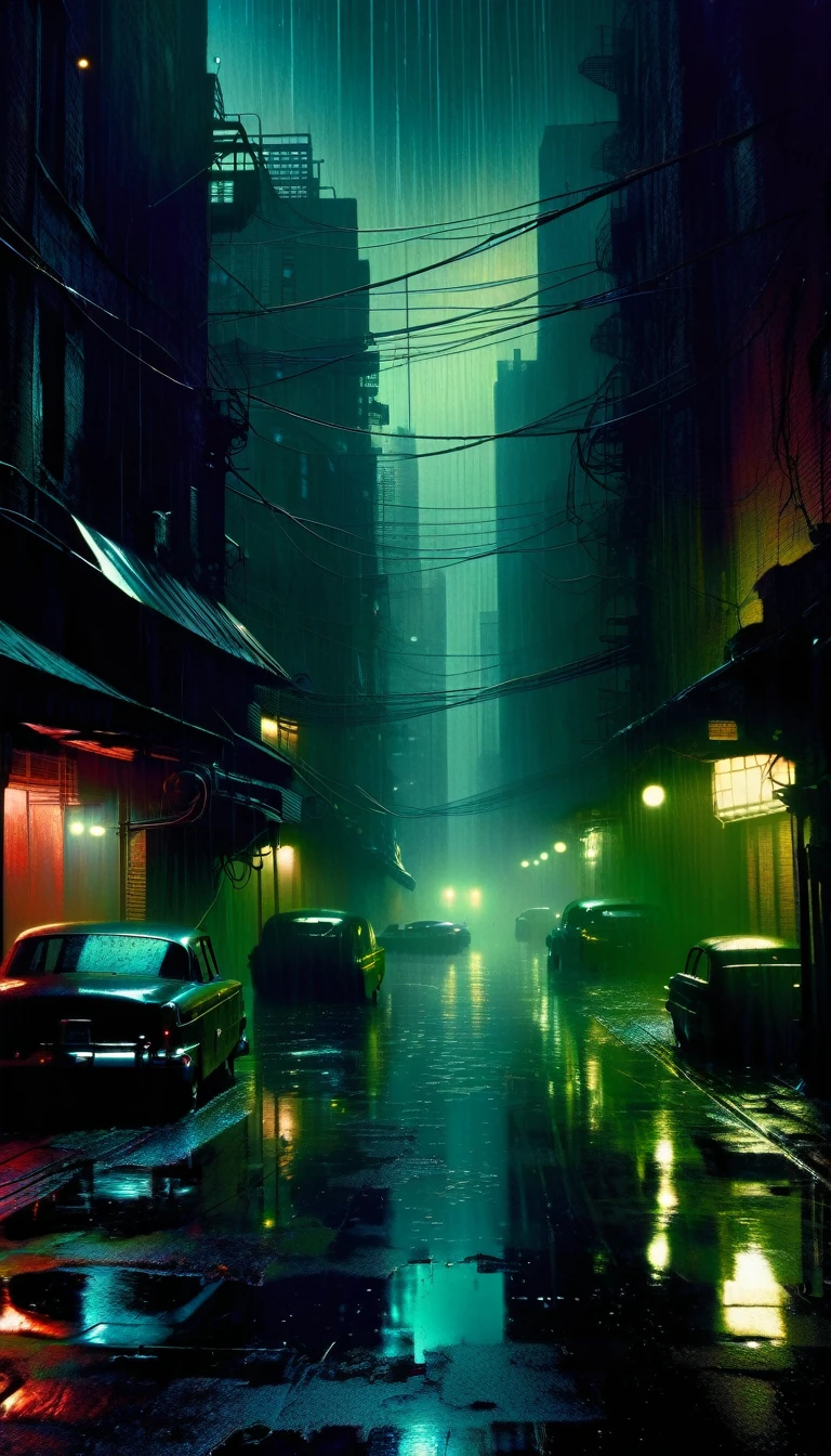 a dark and gloomy city, dystopian cityscape, abandoned buildings, crumbling infrastructure, rain-soaked streets, neon lights reflecting on puddles, foreboding atmosphere, inspired by Bill Sienkiewicz and Dave McKean's art, dark surreal fantasy, cinematic lighting, moody color palette, deep shadows, dramatic contrasts, highly detailed, cinematic composition, masterpiece