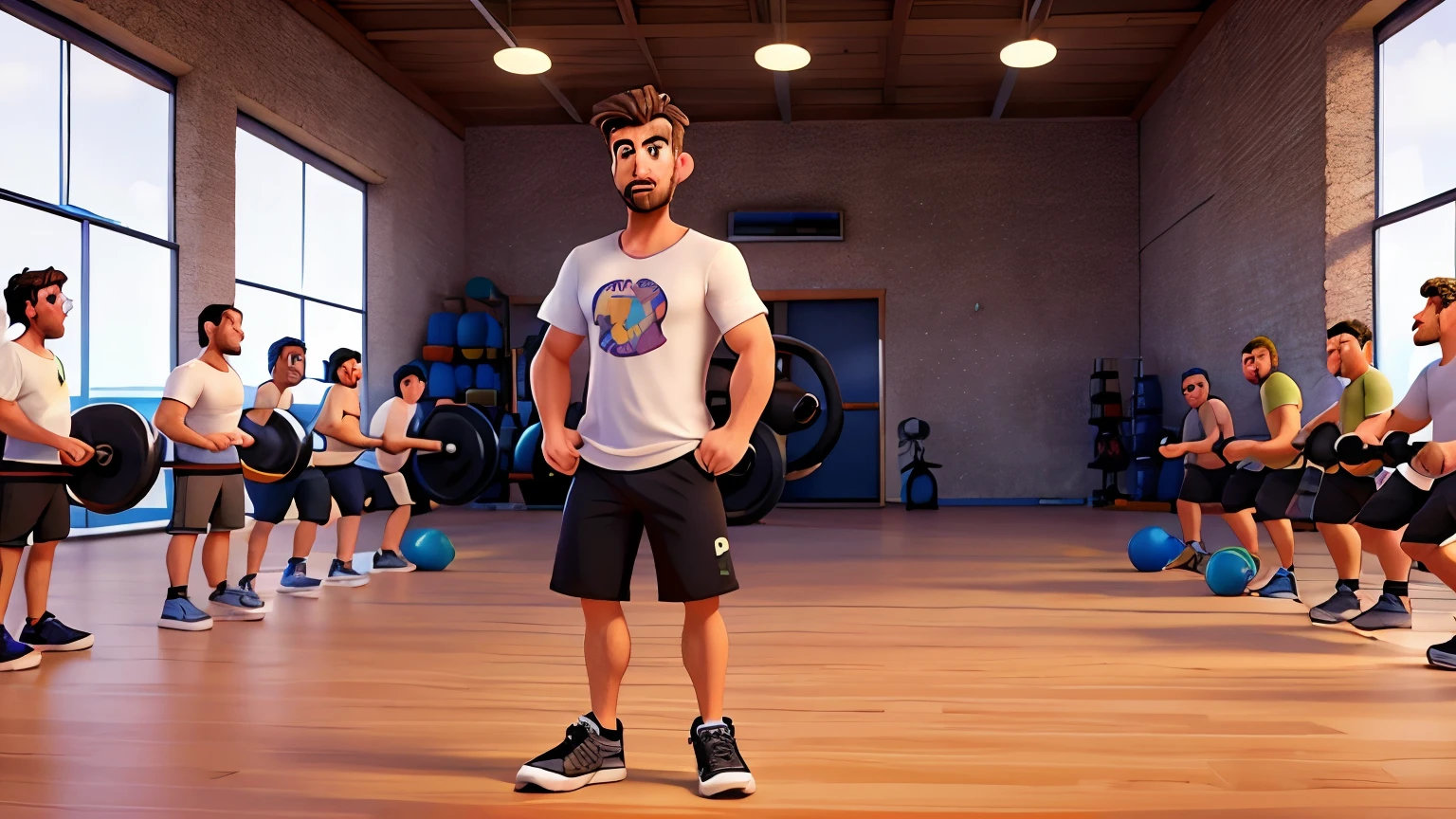 Handsome man 38 years old, stand up alone at the gym, skin fair, Patchy Beard, Messy hair, with a white t-shirt, black sneakers, taking 100 kg dumbbells, disney pixar 3d style, 16K