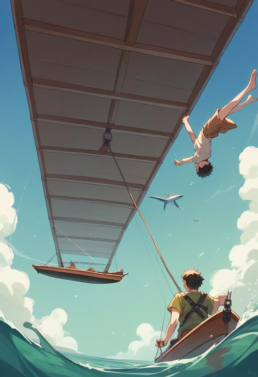 The teenager jumped off the bridge，diving。View from below，There are fishing boats in the distance，The river is clean and clear，In the river there are several teenagers frolicking