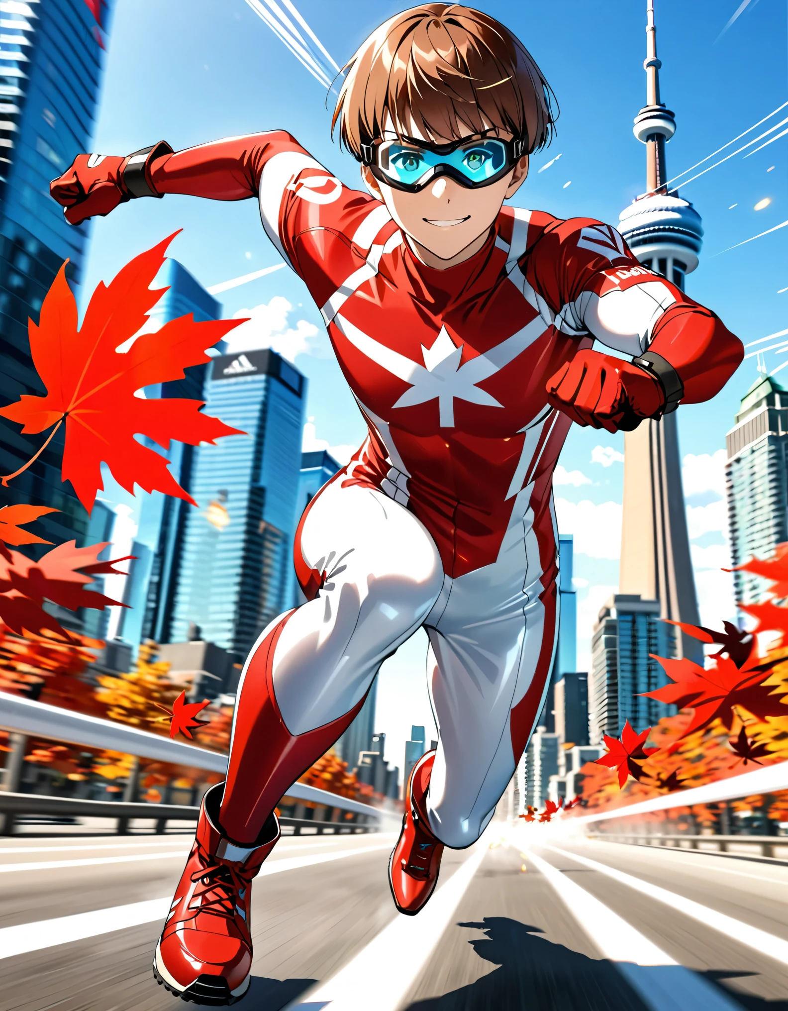 Masterpiece, High Quality, High Resolution, 1boy, male focus, Aqua Eyes, Light Smile, Brown Hair, Bowl Cut, Mask, white and red bodysuit, red boots, matching boots, red gloves, matching red gloves, maple leaf \(logo\) on chest. dynamic running pose, goggles on face, fast run, superspeed, Toronto city backdrop, daytime,
Cowboy Shot, Motion Blur, Speed Lines, light particles, clenched fists.