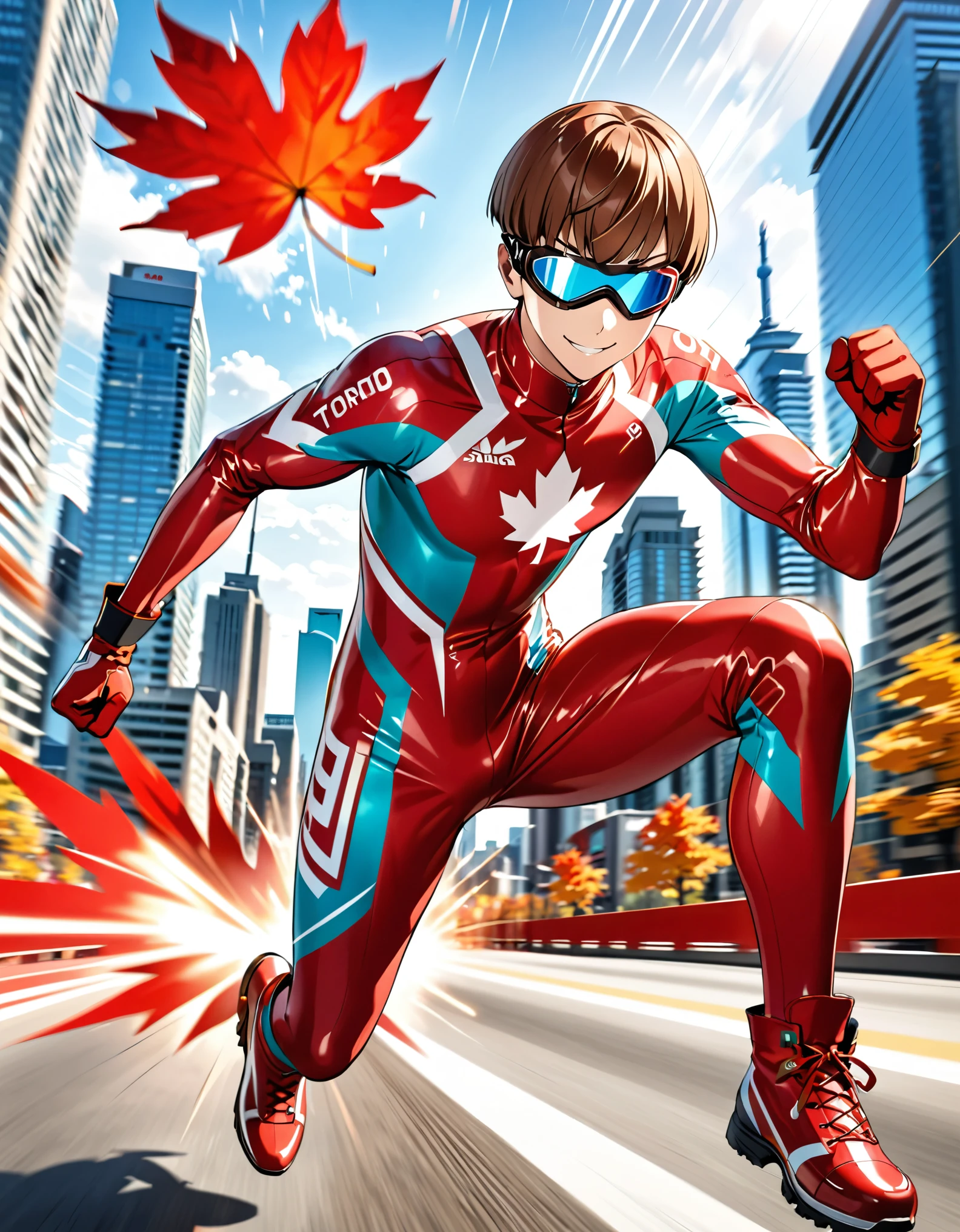 Masterpiece, High Quality, High Resolution, 1boy, male focus, Aqua Eyes, Light Smile, Brown Hair, Bowl Cut, Mask, white and red bodysuit, red boots, matching boots, red gloves, matching red gloves, maple leaf \(logo\) on chest. dynamic running pose, goggles on face, fast run, superspeed, Toronto city backdrop, daytime, 
Cowboy Shot, Motion Blur, Speed Lines, light particles, clenched fists.