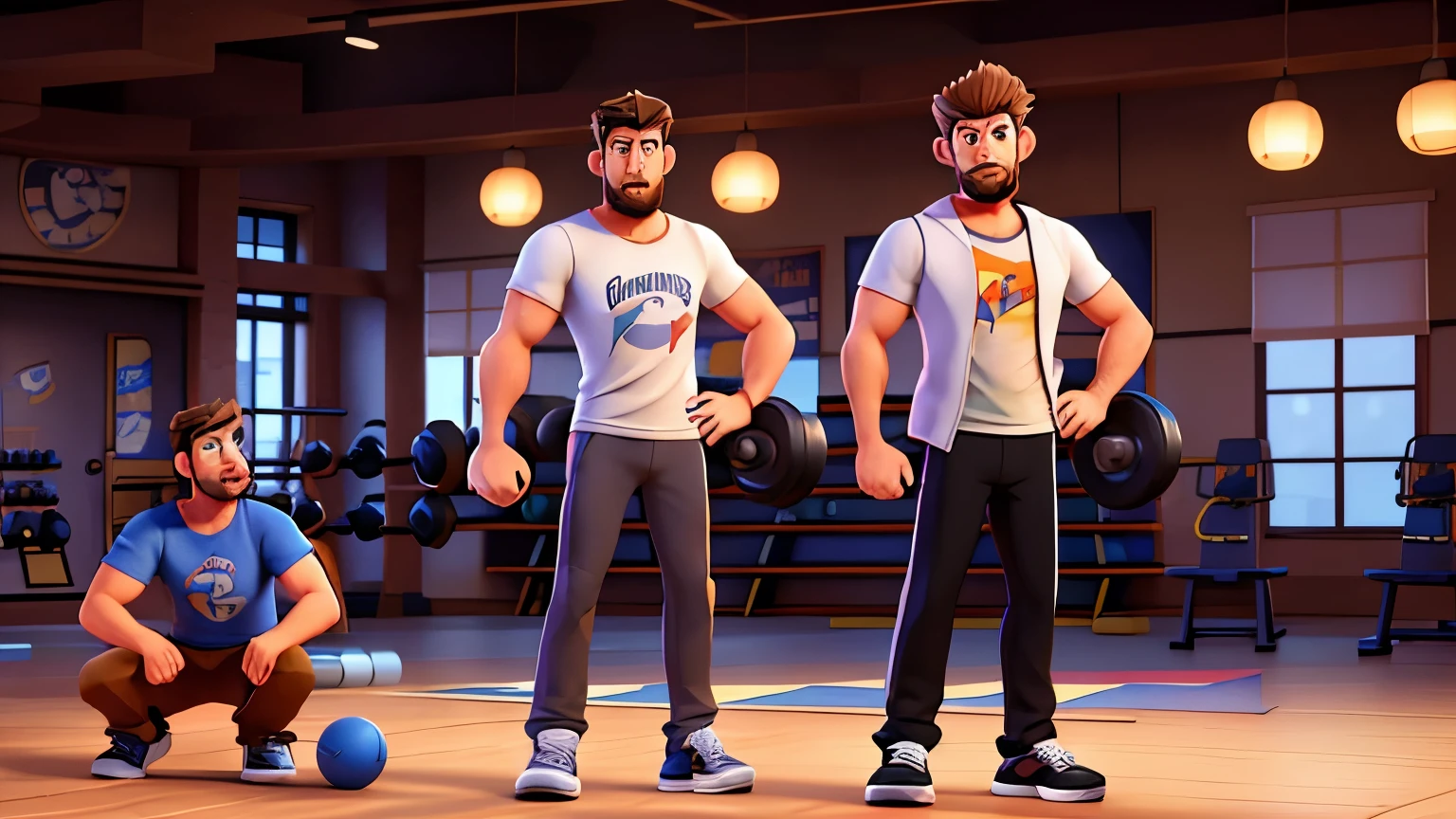 Handsome man 38 years old, stand-up alone at the gym, skin fair, Patchy Beard, Messy hair, extremely detailed body, with a white t-shirt, black sneakers, taking 100 kg dumbbells, disney pixar 3d style, 16K
