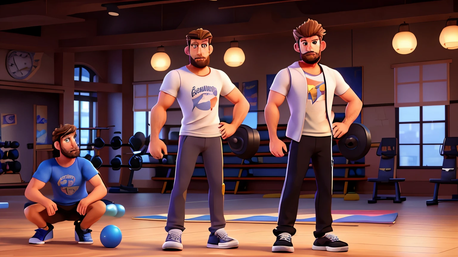 Handsome man 38 years old, stand-up alone at the gym, skin fair, Patchy Beard, Messy hair, extremely detailed body, with a white t-shirt, black sneakers, taking 100 kg dumbbells, disney pixar 3d style, 16K