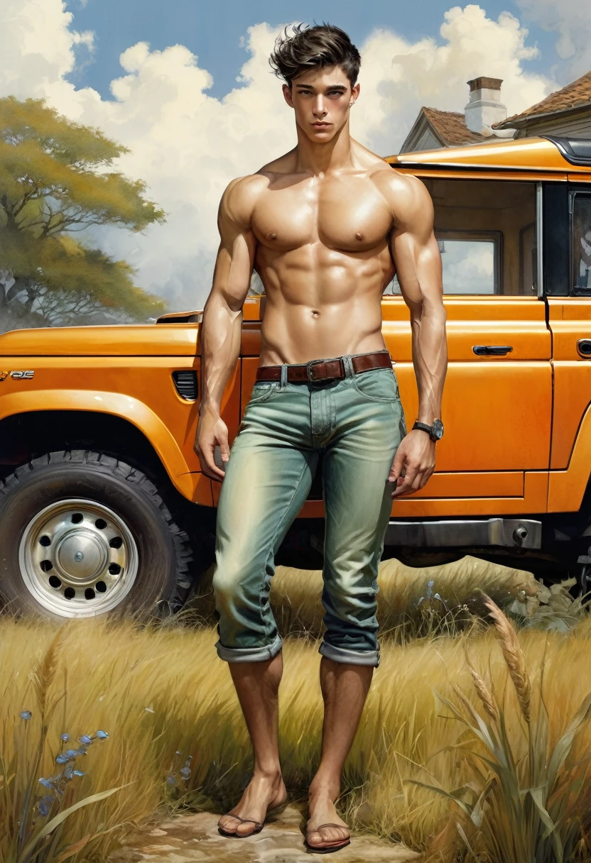 Kevin Sloan an roberto ferri style..., neutral soft colors., 8k resolution, full body, handsome, In the artistic style of norman rockwell, splendid naked, thin and ripped body, detailed realistic muscles, swimming suit, 20 years old. full body, male model. black hair, green eyes, male gaze. handsome. bodybuilder swimsuit, romanticism, symbols and metaphors. Beautiful details, quirky, distinctive images, stylistically diverse painting, Intricate detailsfull body, 20 years old man, shirtless, barefoot, wearing jeans, wearing a toe ring beautifull, gorgeous, perfect realistic detailed muscles, muscled legs, adorable face, taller, masculine gaze, confident look, soft perfect white skin, barefoot, blue eyes, perfect anatomy, portrait, a painting of a young man Pencil Sketches by Albert Eckhout enchanting, gracefully beside a metallic orange Land Rover parked on a sun-drenched grassy field, with a stately plantation intense yellow house in the background fullcolor, sticker of a full body picture of a beautyfull young man, highly detailed beautyfull face, freedom, soul, digital illustration, approaching perfection, dynamic, highly detailed, watercolor painting, artstation, concept art, smooth, sharp focus, illustration in the style of artists like Russ Mills, Sakimichan, Wlop, Loish, Artgerm, Darek Zabrocki, and Jean-Baptiste Monge
(homoerotism_fullbody_nsfw)
Body Position: Standing tall with a slight forward lean.
Facial Expression: Determined and focused.
Leg Position: Feet shoulder-width apart.
Arm Position: Hands on hips or crossed over the chest.
Emotion: Strength and confidence.