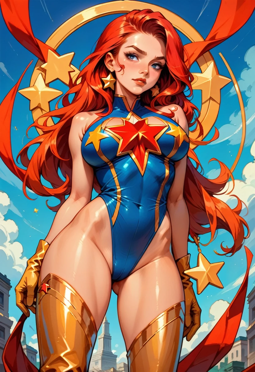 masterpiece, Sexy, Superheroine, Red hair, long hair, busty, ((blue highleg leotard with a t-back thong and a gold star insignia on chest)), gold boots, gold gloves,