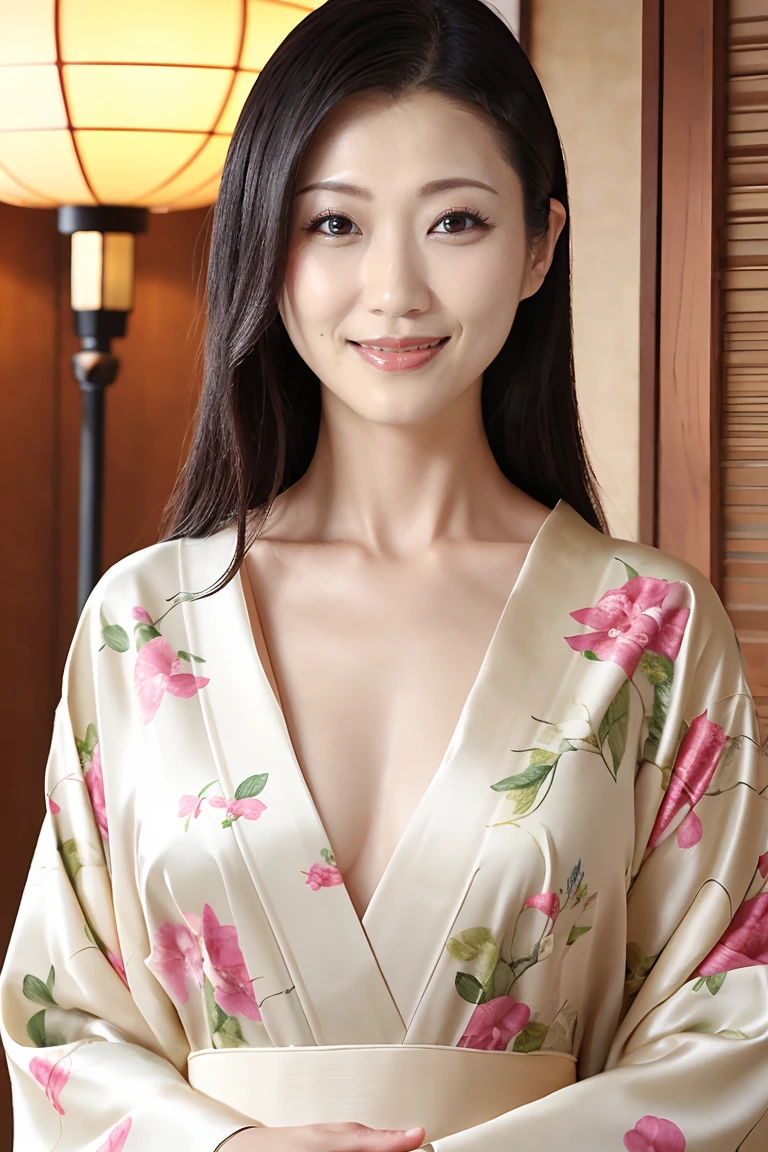 (Highest quality、Tabletop、8k、Best image quality、Award-winning works)、(One beautiful mature woman:1.1)、Adult face、(Innkeeper:1.1)、(Elegant floral kimono:1.2)、(V-neck collar:1.1)、(Cleavageが露わになる:1.2)、(Kimono that exposes the chest:1.3)、(Cleavage:1.5)、(Open chest:1.3)、(Large Breasts:1.4)、(Large Breastsの谷間を露出する:1.5)、Perfect mature woman portrait photo、Glowing Skin、Standing Elegantly、(Blurred elegant and exquisite perfect Japanese style room background:1.3)、(The most natural and perfect tidy Japanese style room background:1.2)、Glowing White Skin、Very white skin、(Accentuate your body lines:1.1)、(The most graceful posture:1.2)、A perfect smile、Perfect beautiful glossy lips、(Accurate anatomy:1.1)、(A perfect and elegant outfit:1.1)、(Standing with good posture:1.1)、(Face close-up:1.1)、(Front facing body:1.2)