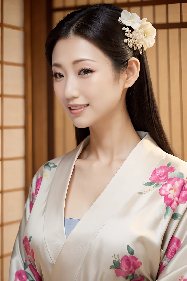 (Highest quality、Tabletop、8k、Best image quality、Award-winning works)、(One beautiful mature woman:1.1)、Adult face、(Innkeeper:1.1)、(Elegant floral kimono:1.2)、(V-neck collar:1.1)、(Cleavageが露わになる:1.2)、(Kimono that exposes the chest:1.3)、(Cleavage:1.5)、(Open chest:1.3)、(Large Breasts:1.4)、(Large Breastsの谷間を露出する:1.5)、Perfect mature woman portrait photo、Glowing Skin、Standing Elegantly、(Blurred elegant and exquisite perfect Japanese style room background:1.3)、(The most natural and perfect tidy Japanese style room background:1.2)、Glowing White Skin、Very white skin、(Accentuate your body lines:1.1)、(The most graceful posture:1.2)、A perfect smile、Perfect beautiful glossy lips、(Accurate anatomy:1.1)、(A perfect and elegant outfit:1.1)、(Standing with good posture:1.1)、(Face close-up:1.1)、(Front facing body:1.2)