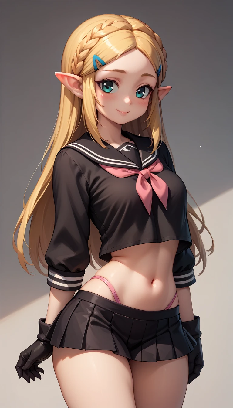 High resolution, Very detailed, perfect lighting, beautiful detailed eyes, ((masterpiece,Best Quality)), absurdities, alone, princess zelda, by the width, crown braid, Hair clip, pointy ears, Gloves without fingers, black gloves, smile, curves, nod, neckline, neckline, black school uniform with white details,short white skirt, visible underwear, pink thong, black uniform, black tight shirt with pink bow, touching her breasts in a sexy way, close up, black fur, close up, pigtails with bangs, pigtails with bangs, touching her breasts in a sexy way, teal eyes, close up, fringe hairstyle, black stockings, pigtails with fringe, neckline, cabello negro