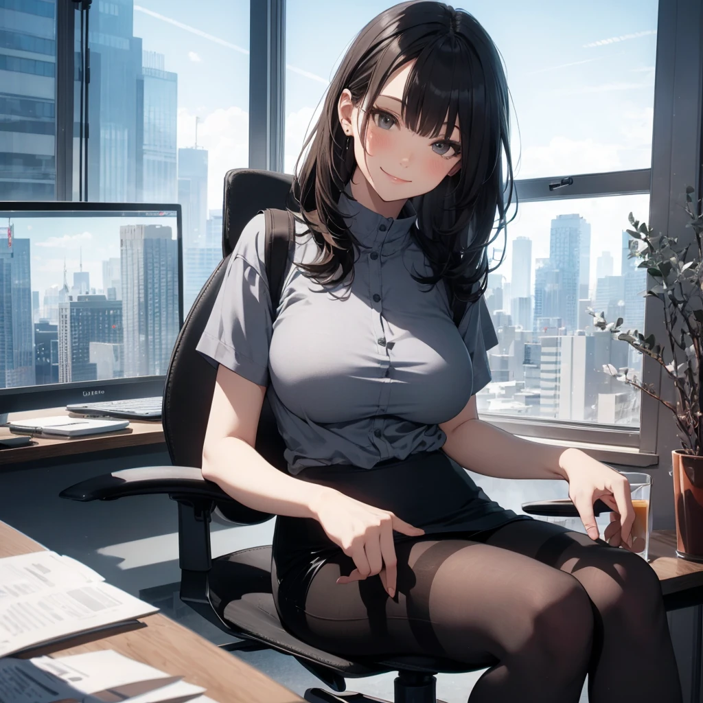 1lady sitting (crossed legs), office worker (stylish outfit), (gray vest) (pencil skirt), mature female, /(dark brown hair/) bangs, blush kind smile, (masterpiece best quality:1.2) delicate illustration ultra-detailed, large breasts, pantyhose BREAK (modern office indoors), window cityscape, detailed background