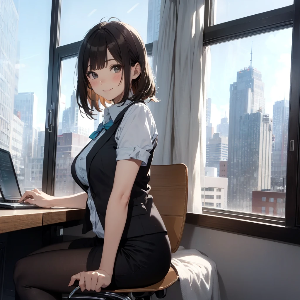 1lady sitting (crossed legs), office worker (stylish outfit), (gray vest) (pencil skirt), mature female, /(dark brown hair/) bangs, blush kind smile, (masterpiece best quality:1.2) delicate illustration ultra-detailed, large breasts, pantyhose BREAK (modern office indoors), window cityscape, detailed background