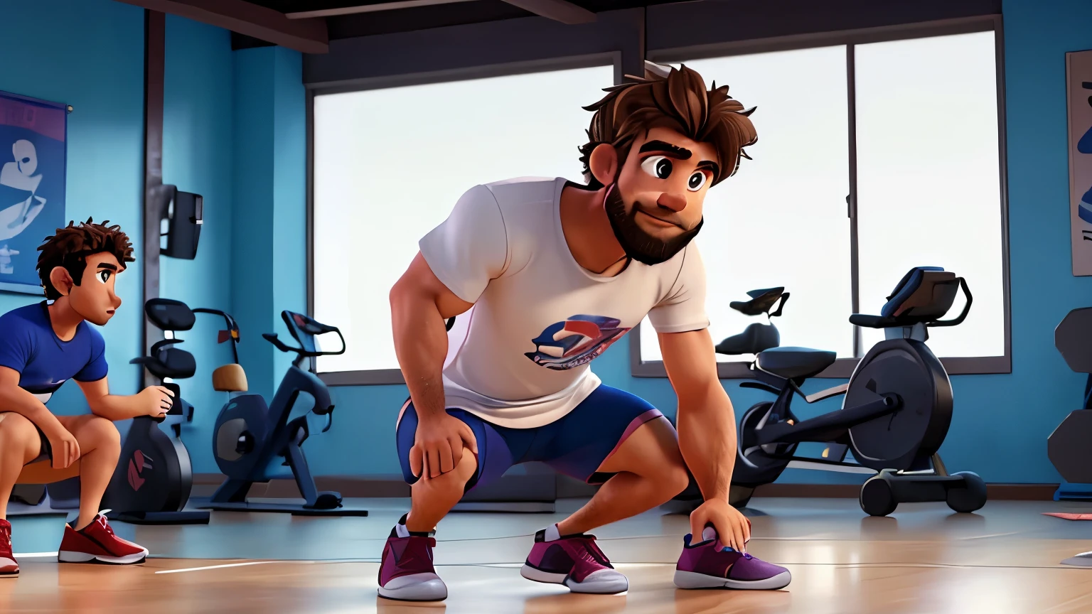 Man 38 years old atlet, skin fair, Patchy Beard, Messy hair, with a white t-shirt, sportswear, doing exercise at the gym Disney Pixar 3d style, 16K
