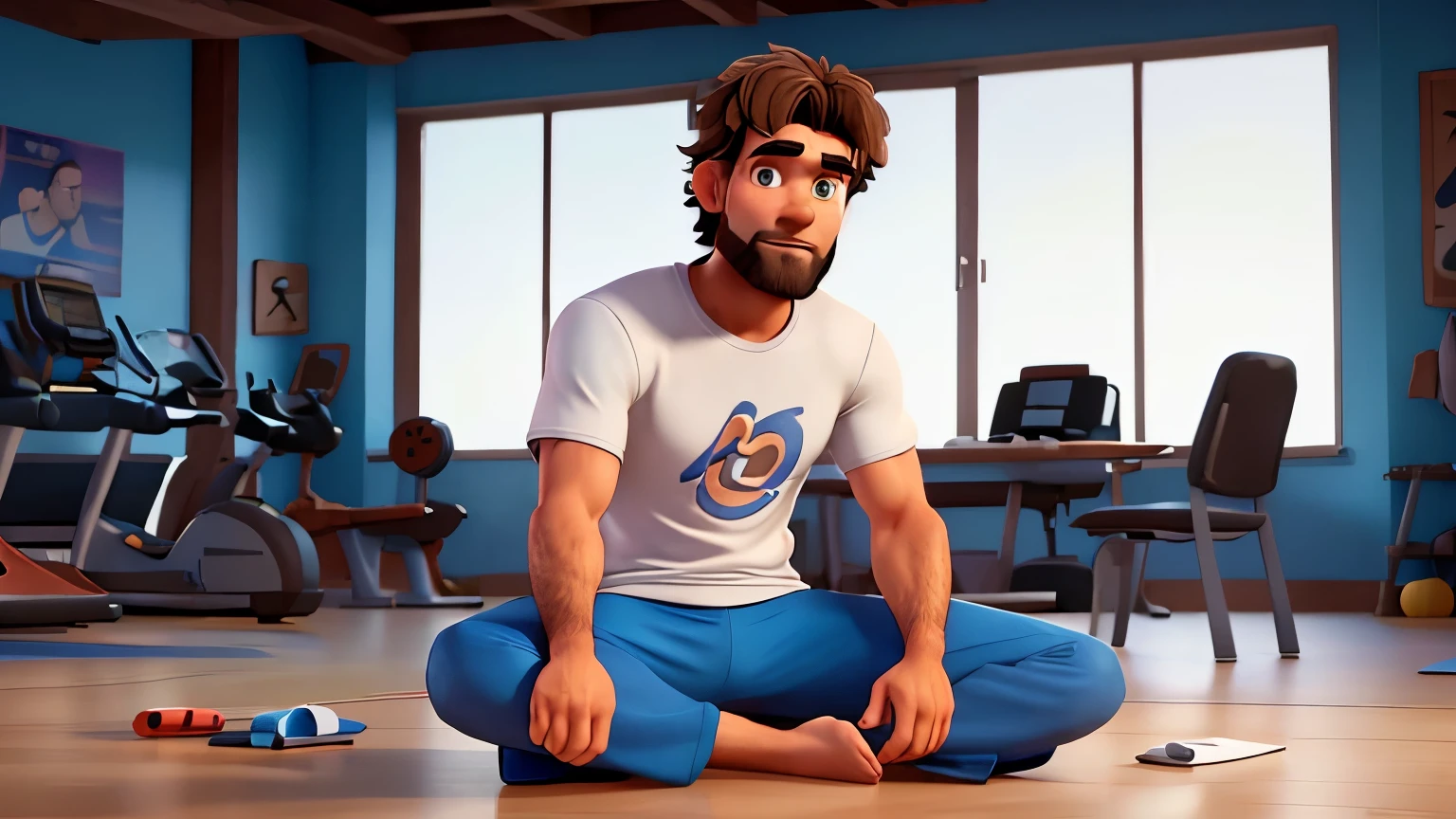 Man 38 years old athlete, skin fair, Patchy Beard, Messy hair, with a white t-shirt, sportswear, sitting on his back in the gym, Disney Pixar 3d style, 16K