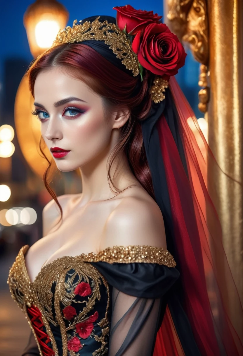 Twilight lady, beautiful and mysterious woman, a work of art of beauty, realistic and sharp focus, wearing elegant peacock costume clothes. Professionally retouched, soft lighting, realistic and smooth face, perfect eyes, sharp focus on eyes, 8k, high definition, incredibly detailed, complex, elegant. on a night city background, long red hair, striking face, expressive and crystal clear amber eyes, black floral tulle veil with gold embroidered edges, bright red satin corset, detailed and intricate, draped black skirt, light fabric, with small red roses on the waist, night background. Full HD.