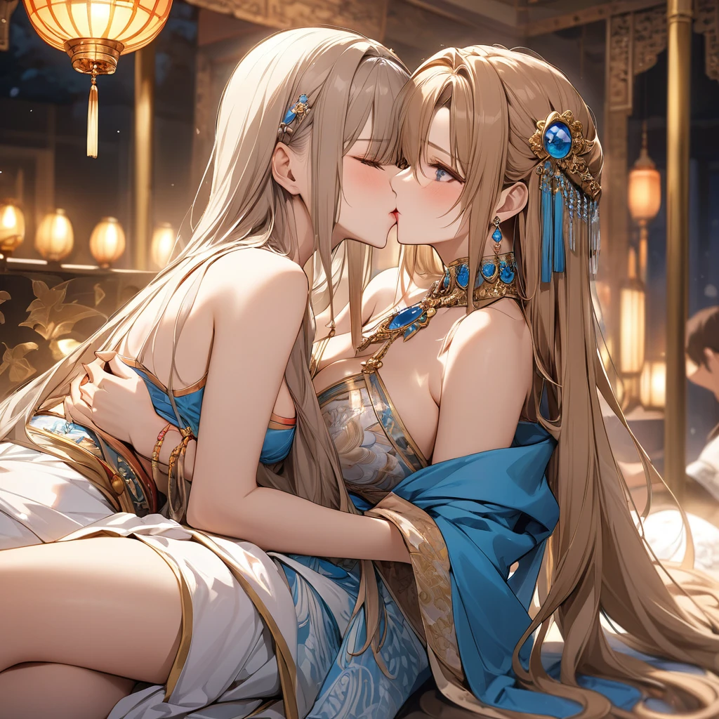 ((Highest quality)), ((masterpiece)), (detailed), (Perfect Face)、The woman is Yuuki Asuna, a concubine of a wealthy man with medium-long light brown hair, a member of his harem, and is beautifully dressed in a captivating harem outfit, lavishly accessorized, and with many accessories.、The woman is pampered by the other concubines and the wealthy man, and is loved by him.、The woman and the man embrace and kiss, and then the man's penis enters the woman's vagina and ejaculates a large amount, making love to each other.