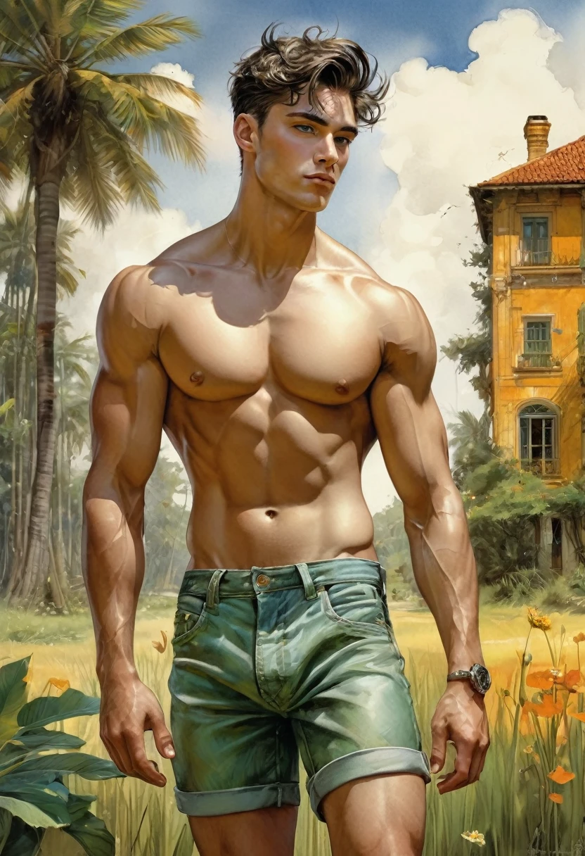 Kevin Sloan an roberto ferri style..., neutral soft colors., 8k resolution, full body, handsome, In the artistic style of norman rockwell, splendid naked, thin and ripped body, detailed realistic muscles, swimming suit, 20 years old. full body, male model. black hair, green eyes, male gaze. handsome. bodybuilder swimsuit, romanticism, symbols and metaphors. Beautiful details, quirky, distinctive images, stylistically diverse painting, Intricate detailsfull body, 20 years old man, shirtless, barefoot, wearing jeans, wearing a toe ring beautifull, gorgeous, perfect realistic detailed muscles, muscled legs, adorable face, taller, masculine gaze, confident look, soft perfect white skin, barefoot, blue eyes, perfect anatomy, portrait, a painting of a young man Pencil Sketches by Albert Eckhout enchanting, gracefully beside a metallic orange Land Rover parked on a sun-drenched grassy field, with a stately plantation intense yellow house in the background fullcolor, sticker of a full body picture of a beautyfull young man, highly detailed beautyfull face, freedom, soul, digital illustration, approaching perfection, dynamic, highly detailed, watercolor painting, artstation, concept art, smooth, sharp focus, illustration in the style of artists like Russ Mills, Sakimichan, Wlop, Loish, Artgerm, Darek Zabrocki, and Jean-Baptiste Monge
(homoerotism_fullbody_nsfw)
Body Position: Standing with arms stretched above the head.
Facial Expression: Relaxed and content.
Leg Position: Feet shoulder-width apart.
Arm Position: Arms stretched upwards.
Emotion: Relaxation and openness.