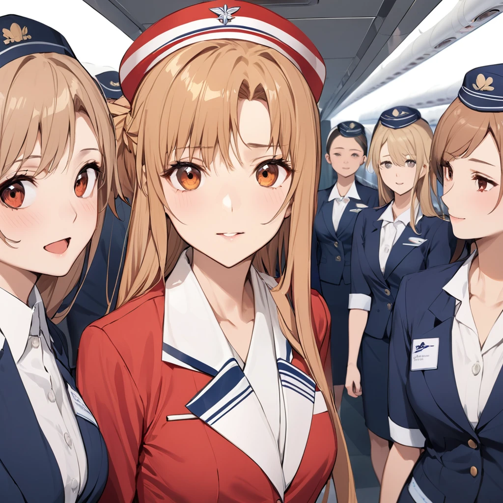 ((Highest quality)), ((masterpiece)), (detailed), (Perfect Face)、The woman is Yuuki Asuna, a flight attendant for Shandong Airlines, a Chinese woman with light brown, medium-long hair.、The woman is wearing a red Shandong Airlines flight attendant uniform, a uniform scarf and a uniform hat.、She is wearing the bright red uniform that is so typical of China.、Flight attendants were photographed gathering in a line.