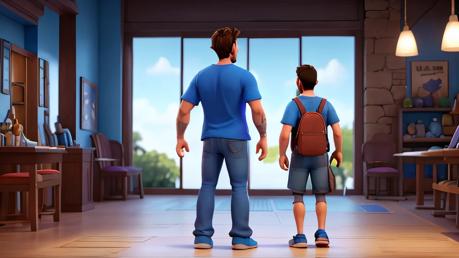 back view, Man 38 years old, skin fair, Patchy Beard, hair pained, with a blue t-shirt, taking his bag and leavingt the gym, Disney Pixar 3d style, 16K