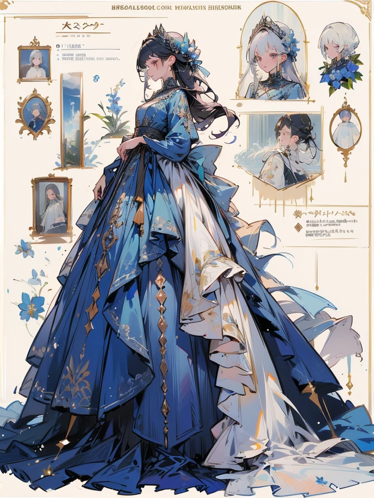 ((Top quality high resolution)), a drawing of a woman in blue gown with detailed art of fashion, 1girl, dress, long hair, blue dress, solo, jewelry, flower, earrings