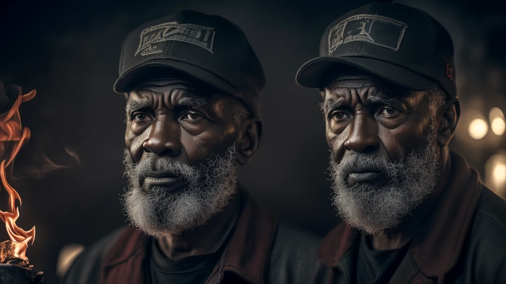 man, coal black skin, eyes like embers, one leg, smoking pipe, red cap, (best quality,4k,8k,highres,masterpiece:1.2),ultra-detailed,(realistic,photorealistic,photo-realistic:1.37),hyperrealistic,extremely detailed,dramatic lighting,cinematic,moody,chiaroscuro,powerful expression,strong contrast,intense colors