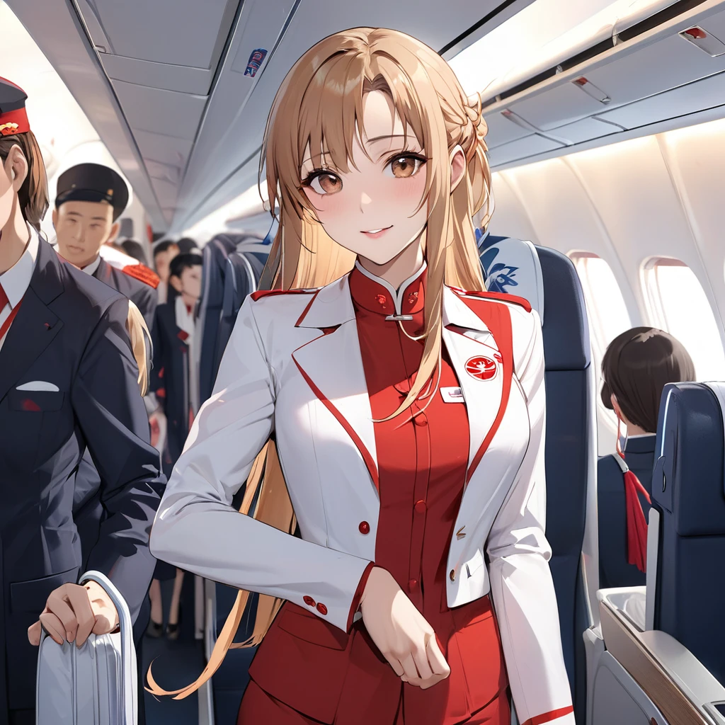 ((Highest quality)), ((masterpiece)), (detailed), (Perfect Face)、The woman is a Chinese flight attendant for Air China, named Yuuki Asuna, with light brown, medium-long hair.、The woman is wearing the red uniform of an Air China flight attendant.、The woman is an honorable special flight attendant reserved for members of the Chinese Communist Party.