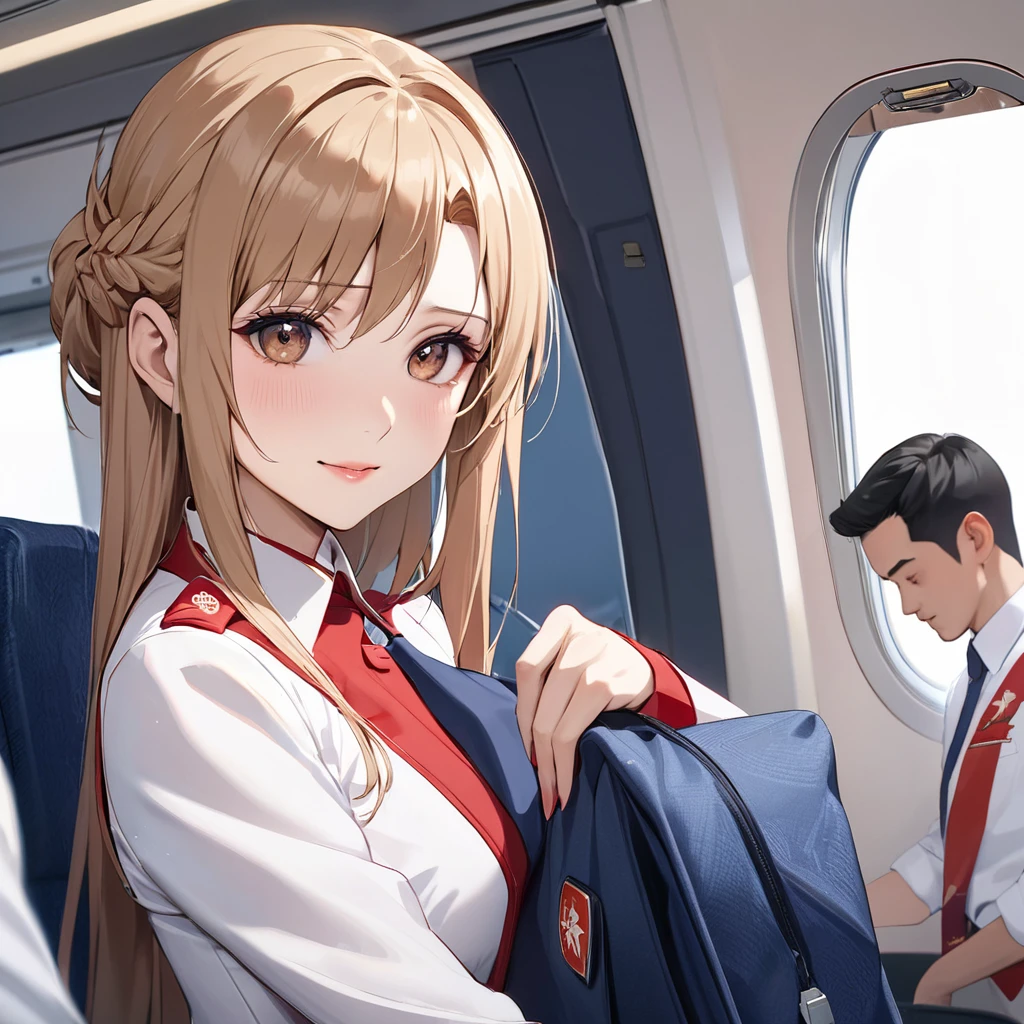 ((Highest quality)), ((masterpiece)), (detailed), (Perfect Face)、The woman is a Chinese flight attendant for Air China, named Yuuki Asuna, with light brown, medium-long hair.、The woman is wearing the red uniform of an Air China flight attendant.、The woman is an honorable special flight attendant reserved for members of the Chinese Communist Party.