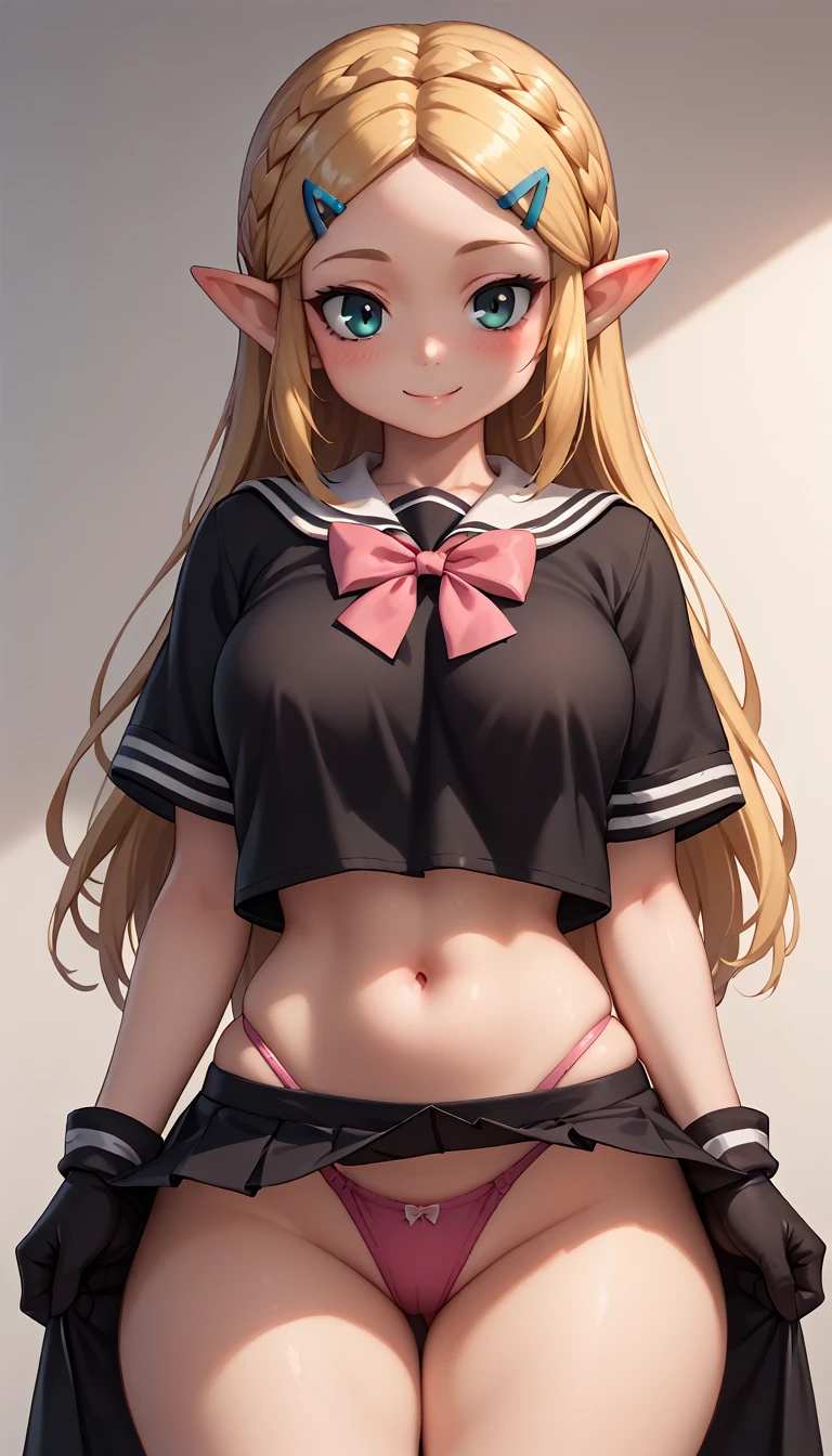High resolution, Very detailed, perfect lighting, beautiful detailed eyes, ((masterpiece,Best Quality)), absurdities, alone, princess zelda, by the width, crown braid, Hair clip, pointy ears, Gloves without fingers, black gloves, smile, curves, nod, , deep neckline, deep neckline, black school uniform with white details,short skirt, visible underwear, pink thong, black uniform, black shirt with pink bow, touching her breasts in a sexy way, Close up