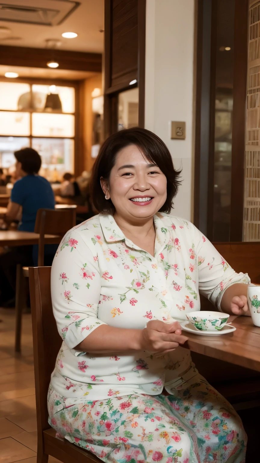 8k wallpaper, masterpiece, Highest quality, Very detailed, One Mature Woman, 50 years old, Become very clear, Wearing a spring-like shirt, Skin dents, Captivating smile, Looking at the audience, , Plump, Curvaceous, Attractive face, Smiling with teeth showing, I was happy, sitting in a cafe, Background Blur