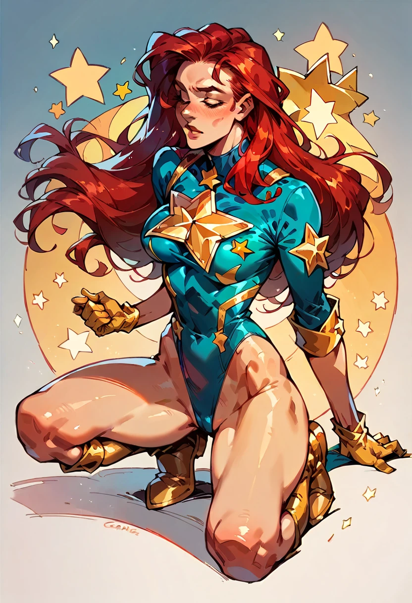 masterpiece, Sexy, Superheroine, Red hair, long hair, busty, ((blue highleg leotard with a t-back thong and a gold star insignia on chest)), gold boots, gold gloves,