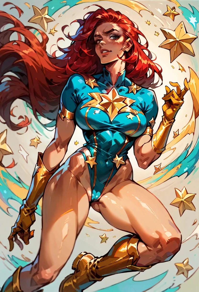 masterpiece, Sexy, Superheroine, Red hair, long hair, busty, ((blue highleg leotard with a t-back thong and a gold star insignia on chest)), gold boots, gold gloves,