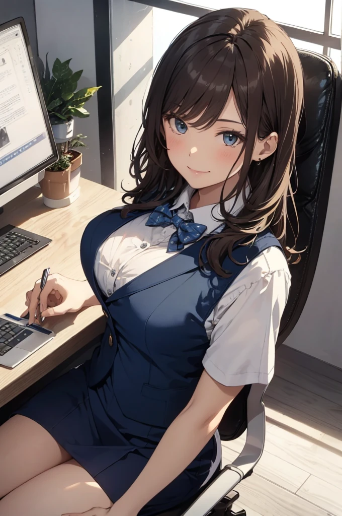 1lady solo, sitting, (from above), office worker, ((blue vest) over white dress shirt), mature female, /(dark brown hair/), kind smile, (masterpiece best quality:1.2) delicate illustration ultra-detailed, large breasts,bowtie BREAK (modern office) indoors, (reception desk), entrance, detailed background