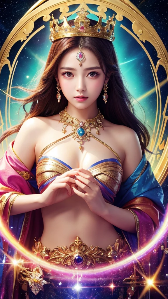 high resolution、gorgeous、goddess、crown、The background is space、shine、front、