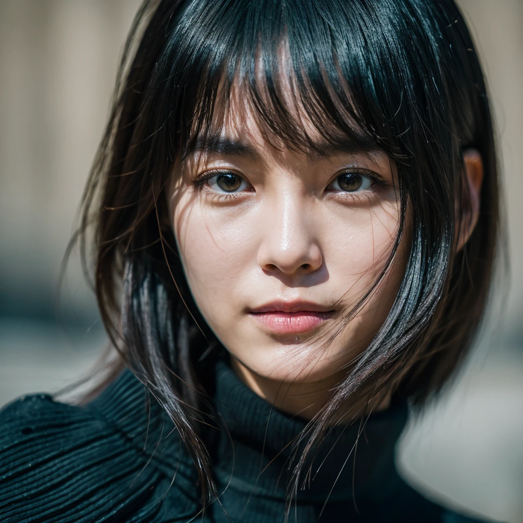splendid, Intricate Ultra HD color portrait of a 38-year-old Korean girl, long black hair, eyes black, face detailed, wearing a black turtleneck, epic character composition, alessio. Bleach, nina masic, sharp focus, natural lighting, subsurface scattering, f2, 35mm, ssunbiki,