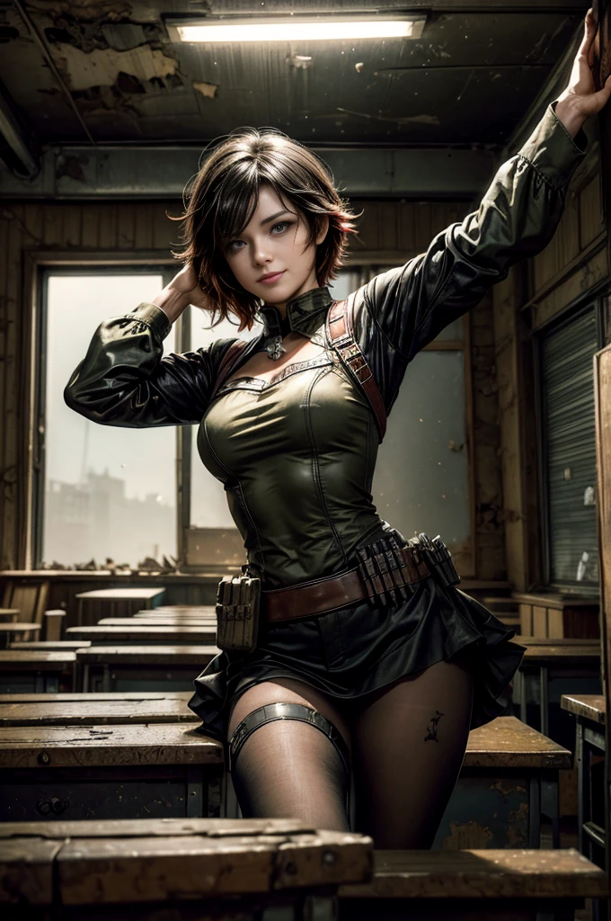 (masterpiece, best quality:1.2), cowboy shot, solo, dynamic pose, 1girl, ruby rose, looking at viewer, grin, military uniform,  pantyhose, standing inside wrecked classroom, ruble on old desks, collapsed ceiling, bonfire, crowd outside searching with rifles, (crowd in military uniforms) night, stars, post-apocalypse, dystopian future 