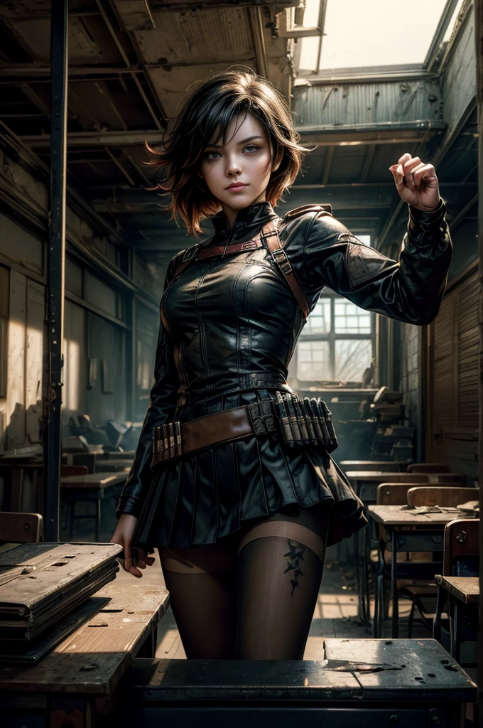 (masterpiece, best quality:1.2), cowboy shot, solo, dynamic pose, 1girl, ruby rose, looking at viewer, smile, military uniform, pantyhose, standing inside wrecked classroom, ruble on old desks, collapsed ceiling, bonfire, crowd outside searching with rifles, (crowd in military uniforms) night, stars, post-apocalypse, dystopian future