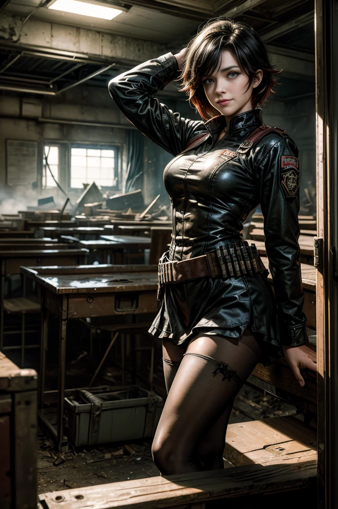 (masterpiece, best quality:1.2), cowboy shot, solo, dynamic pose, 1girl, ruby rose, looking at viewer, smile, military uniform, pantyhose, standing inside wrecked classroom, ruble on old desks, collapsed ceiling, bonfire, crowd outside searching with rifles, (crowd in military uniforms) night, stars, post-apocalypse, dystopian future