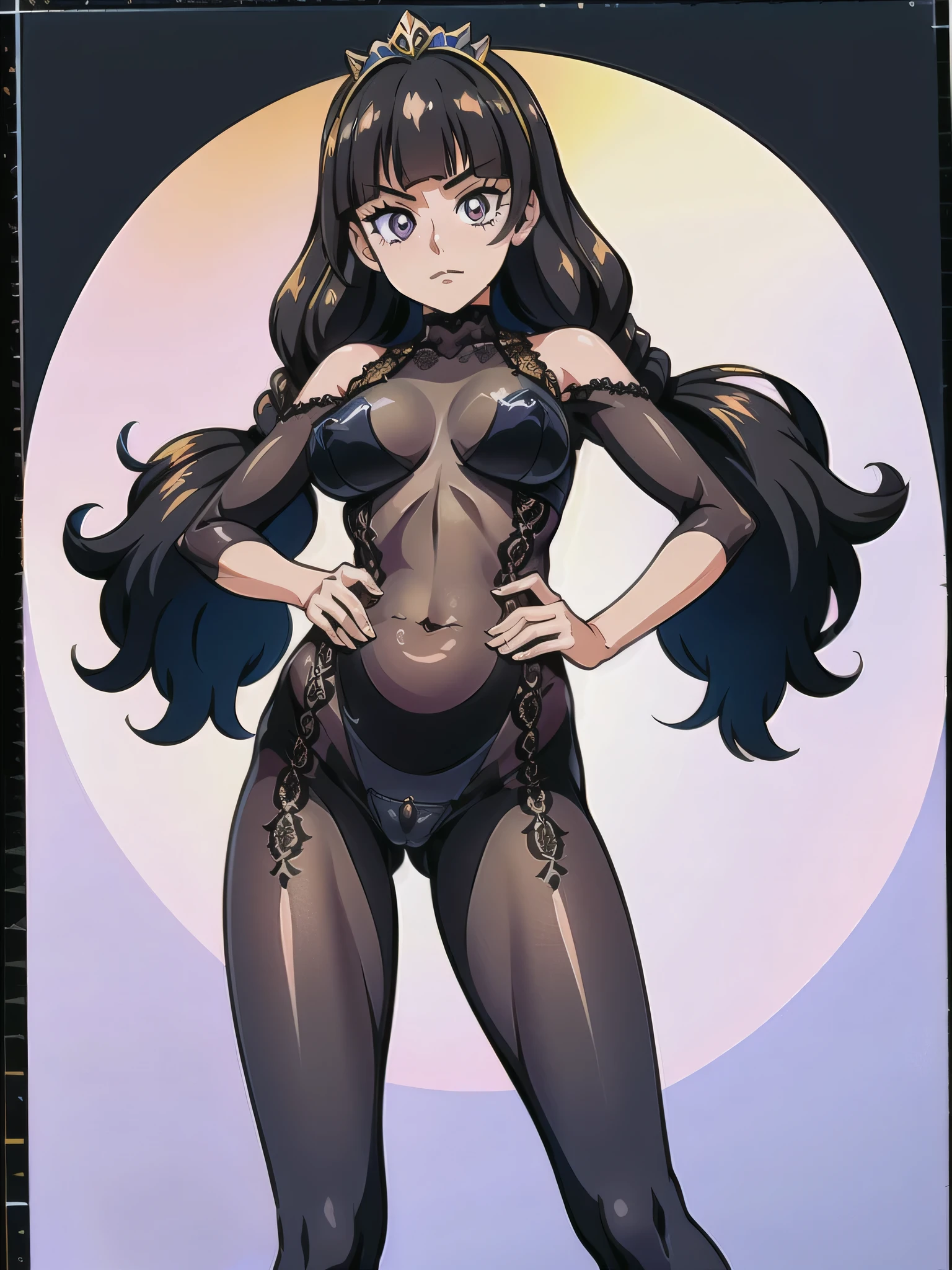 1 girl, (solo), ((amanogawaki)), best quality, highres, high quality, 8k, HD, super detail, anatomically correct, UHD, accurate, (masterpiece:1.0), (high quality:1.0), (ultra detailed), (no Background), (White Background), ((Adult)), (upper body:0.9), (from below:1.4), ((Contrapposto:1.5)), (bodystocking:1.3), Looking at viewer, Looking down, transparent bodystocking, (((black lace transparent bodystocking:1.3))), (Yellow Gem Tiara), Thicc, Thick Thighs, (sadistic expression)