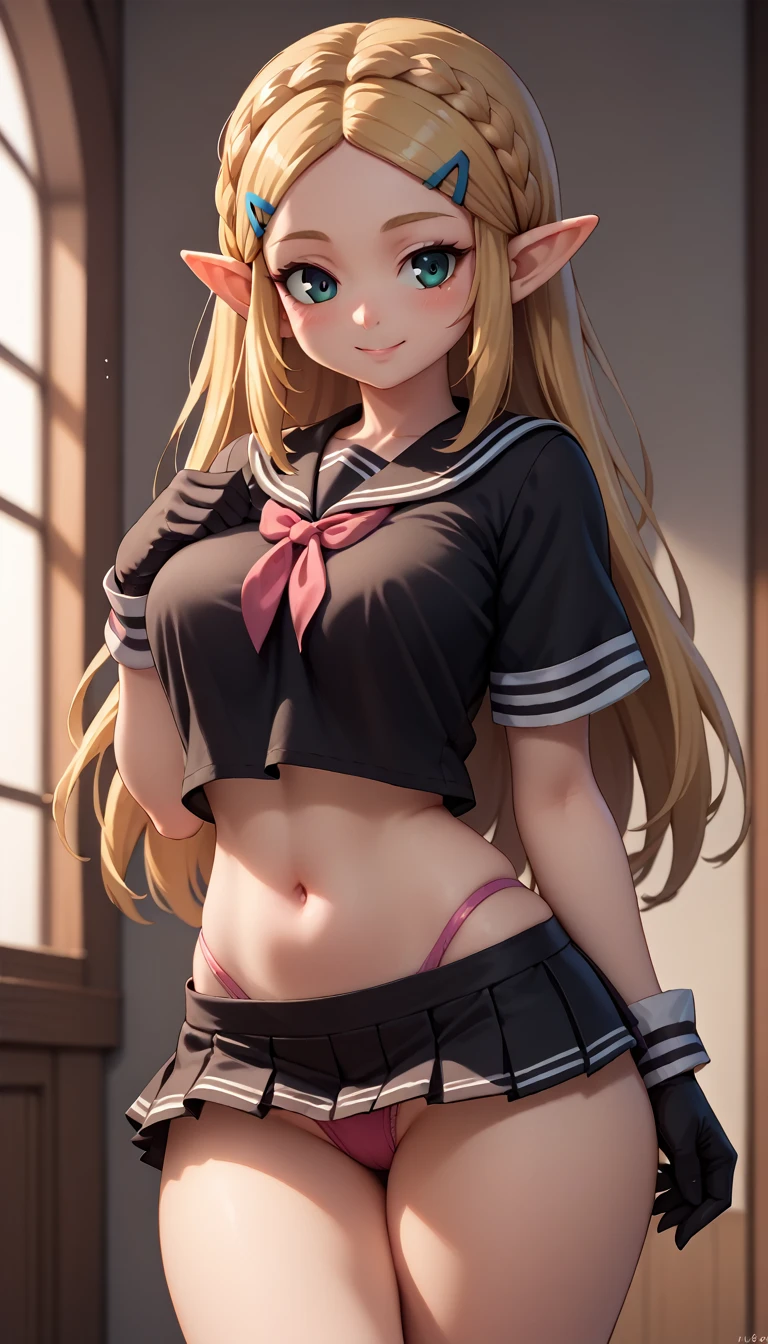 High resolution, Very detailed, perfect lighting, beautiful detailed eyes, ((masterpiece,Best Quality)), absurdities, alone, princess zelda, by the width, crown braid, Hair clip, pointy ears, Gloves without fingers, black gloves, smile, curves, nod, , deep neckline, deep neckline, black school uniform with white details,short skirt, visible underwear, pink thong, black uniform, black shirt with pink bow, touching her breasts in a sexy way, Close up