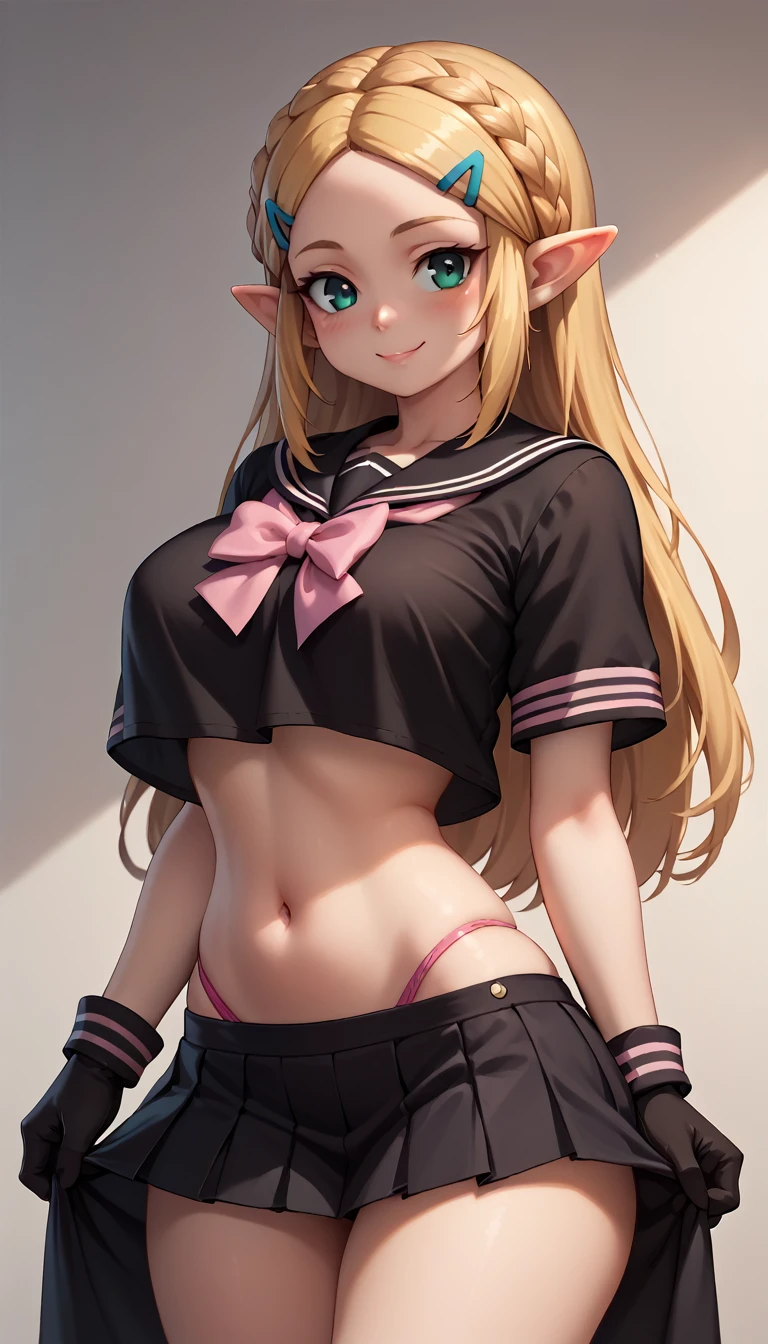 High resolution, Very detailed, perfect lighting, beautiful detailed eyes, ((masterpiece,Best Quality)), absurdities, alone, princess zelda, by the width, crown braid, Hair clip, pointy ears, Gloves without fingers, black gloves, smile, curves, nod, , deep neckline, deep neckline, black school uniform with white details,short skirt, visible underwear, pink thong, black uniform, black shirt with pink bow, touching her breasts in a sexy way, Close up 