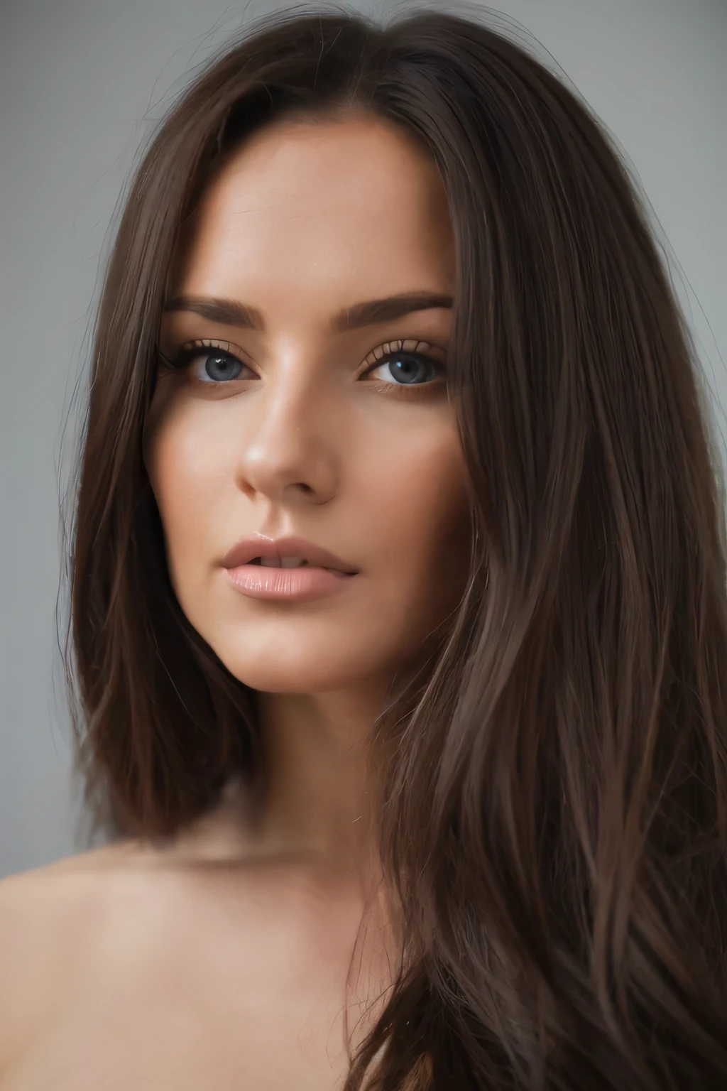 a realistic brunette woman of one meter and sixty with medium shapes, long hair of Polish origin
